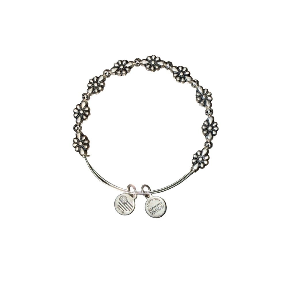 Alex and Ani Daisy Beaded Bangle Bracelet Rafaelian Silver Finish Floral Charm